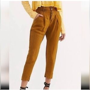 Free People linen blend dark mustard button fly tapered ankle pants 8